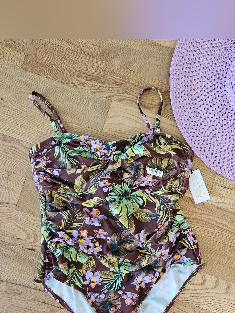 Tropical Floral One-Piece Swimsuit - Brown & Green & Lavender Size Large